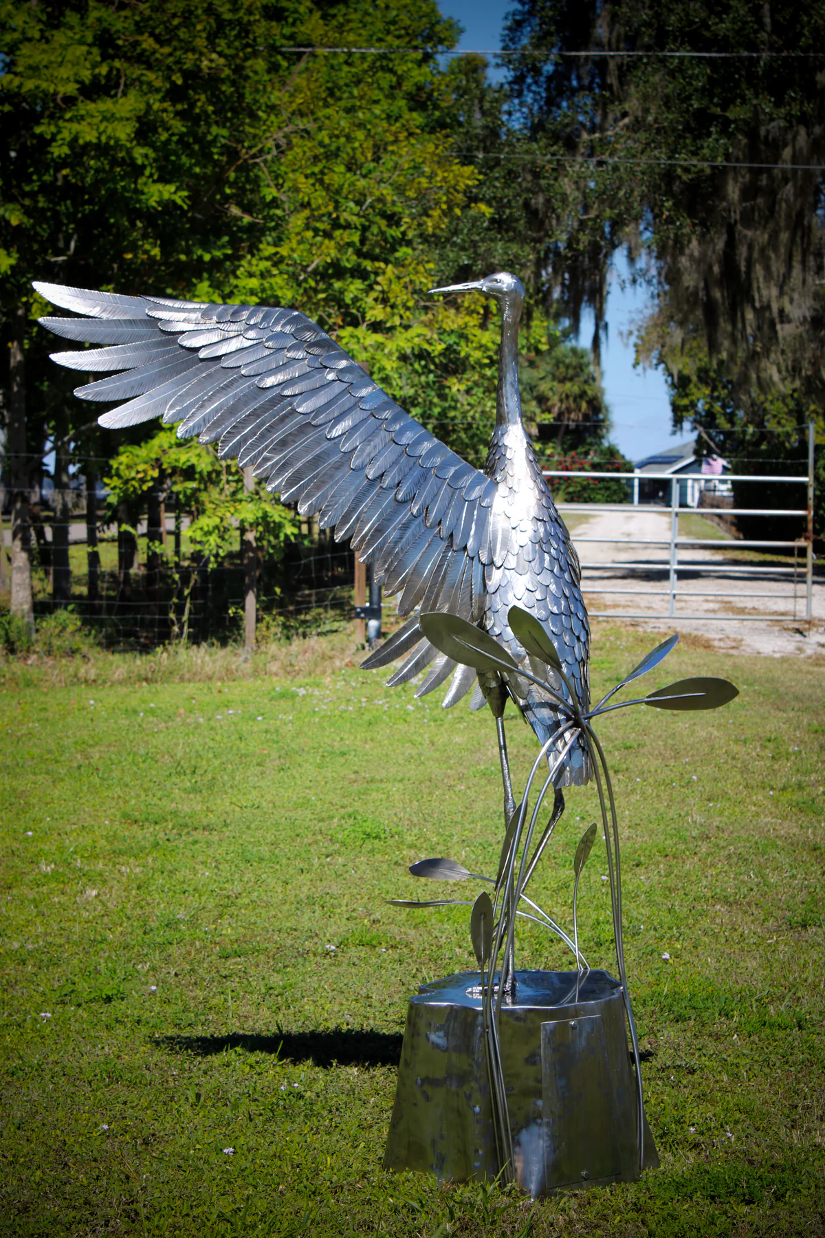 Full view of the stainless steel sandhill crane sculpture standing on its reed-like base with one wing extended.