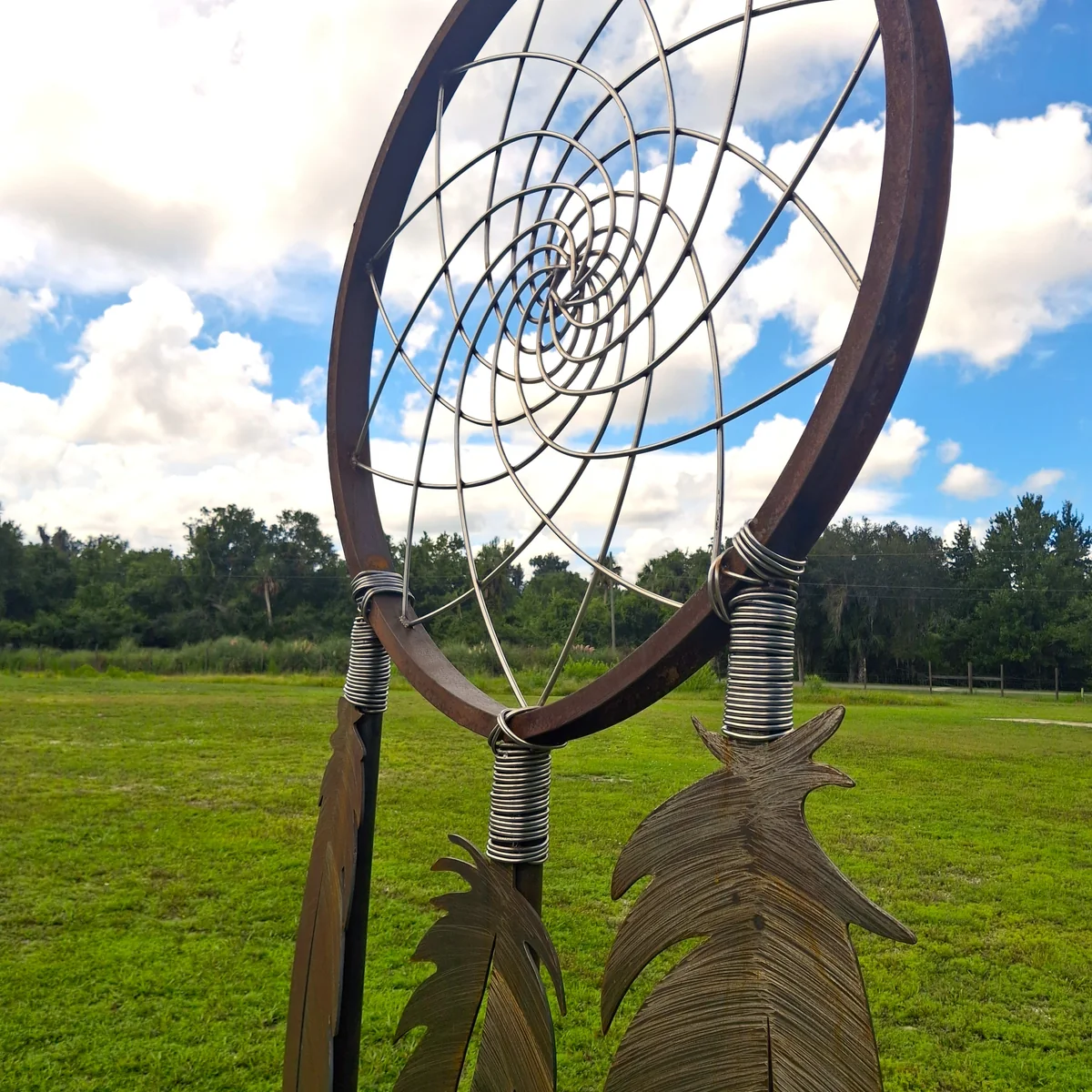 Close view of the circular metal web and its concentric wires, with upper portions of the feathers visible.